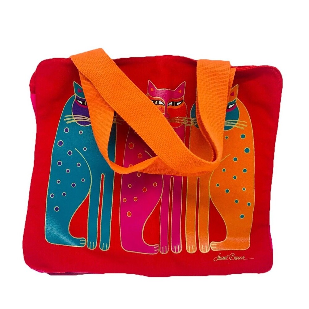 Laurel Burch Cat Tote Colorful Canvas Feline Bag Bright Painted Multicolor 15" w